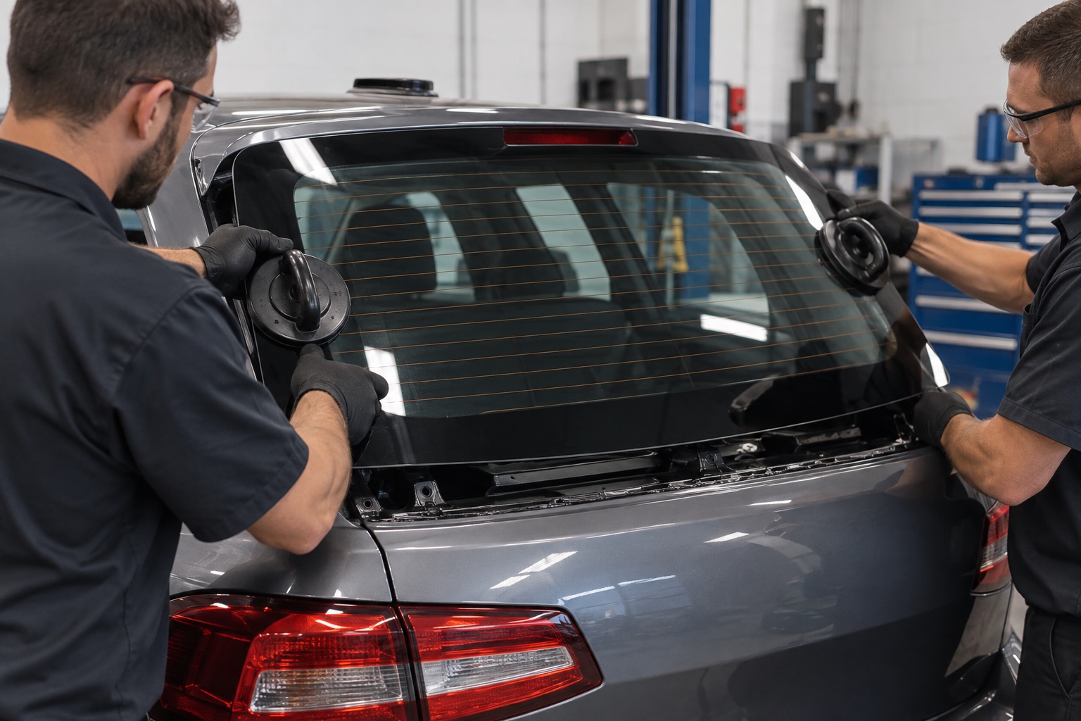 Technicians aligning rear windshield glass with visible defroster lines