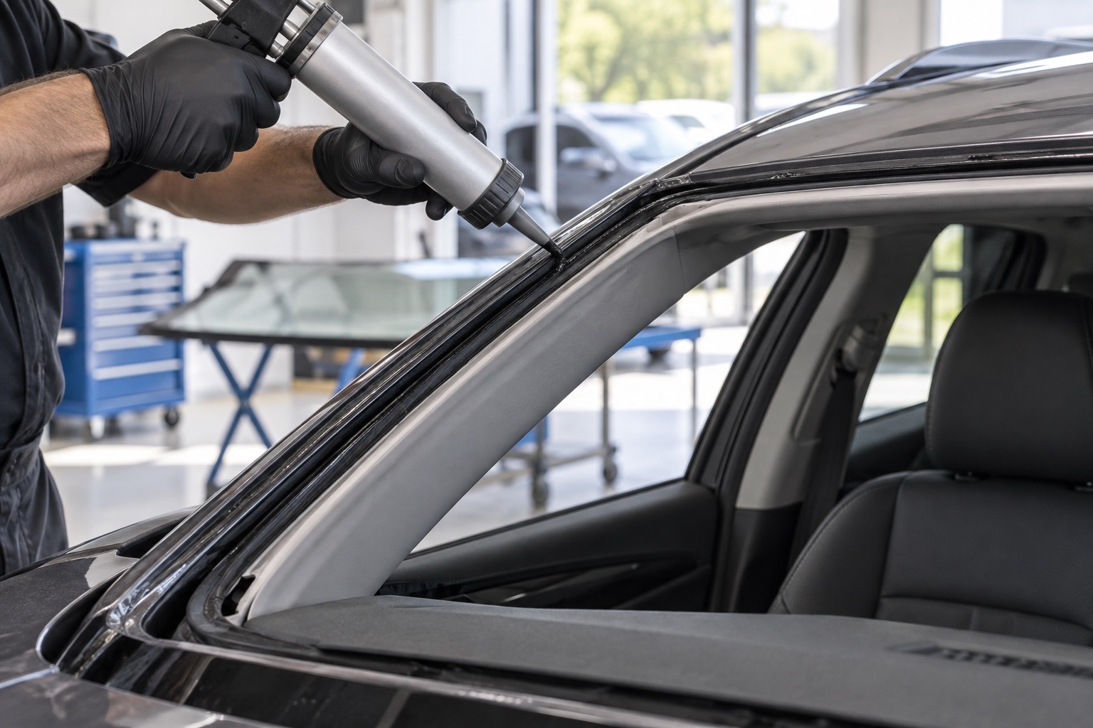 Technician applying an adhesive bead along a vehicle windshield frame