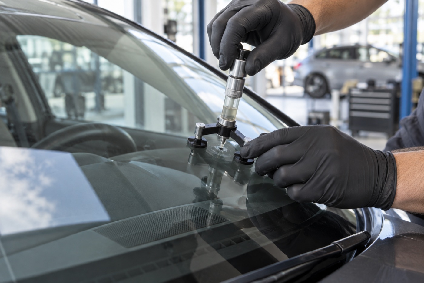Gloved hands examining a small chip on a vehicle windshield with a repair tool